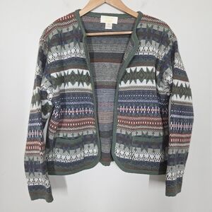 Vtg Tally Ho Green Blue Fair Isle Nordic Open Front Cardigan Medium Granny